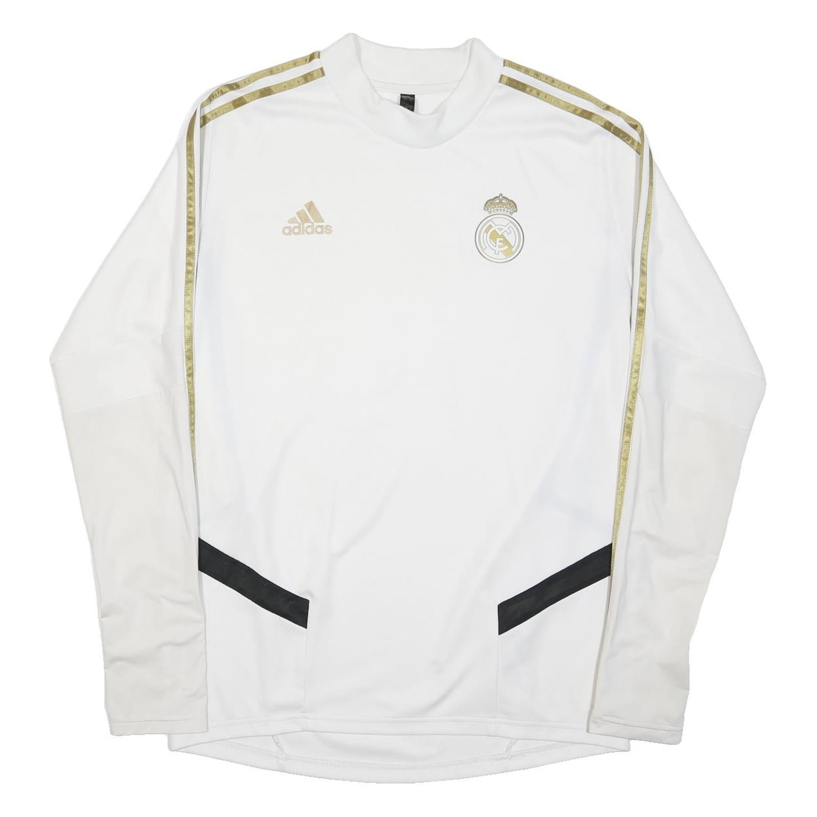 ADIDAS Mens White & Gold Real Madrid Long Sleeve Crew Neck Football Shirt L