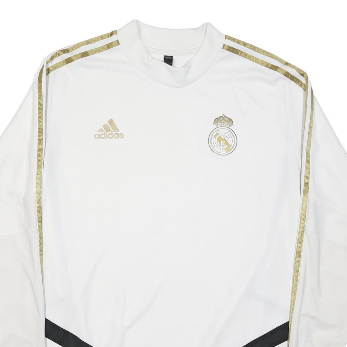 ADIDAS Mens White & Gold Real Madrid Long Sleeve Crew Neck Football Shirt L