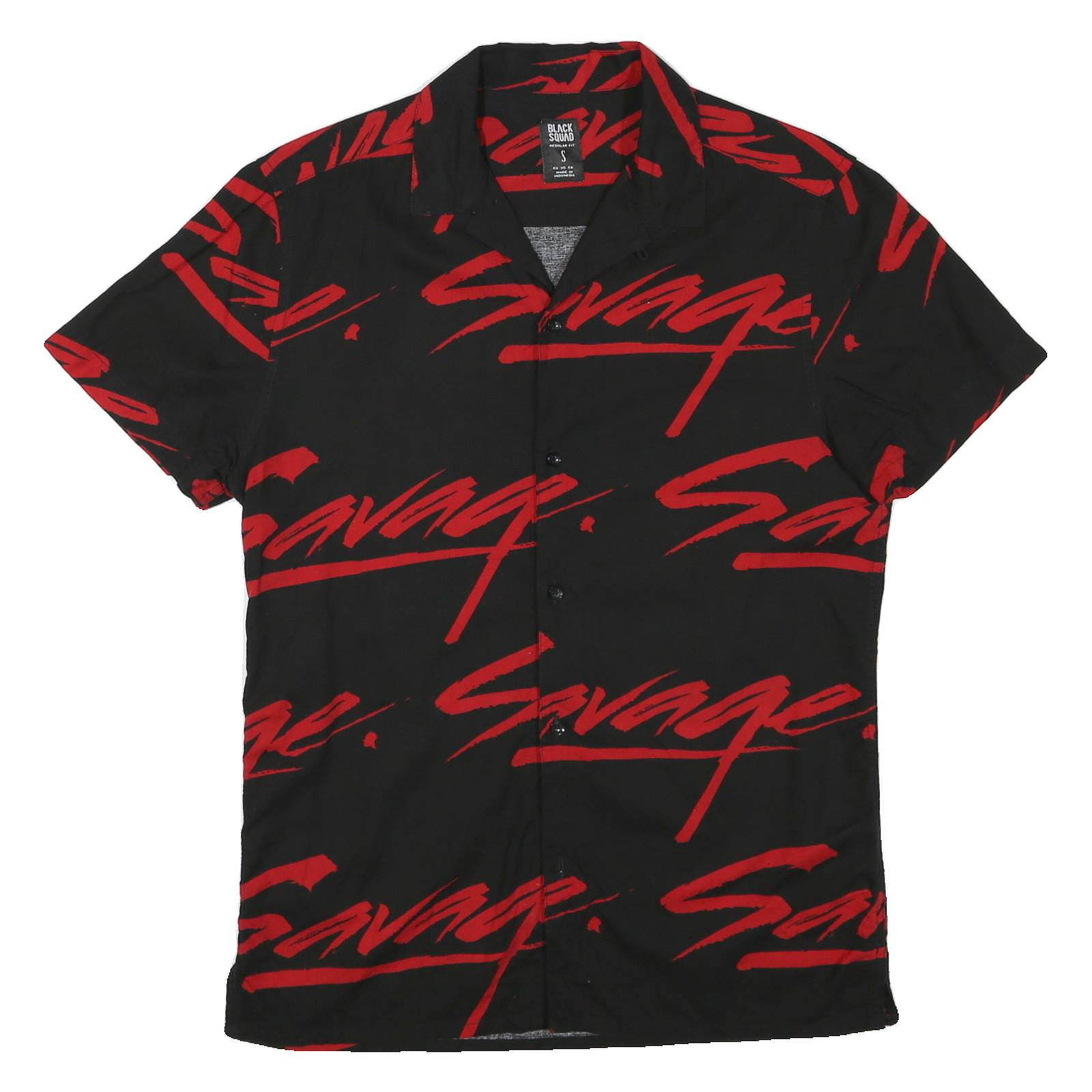 BLACK SQUAD Mens Black & Red Savage Print Shirt S Cotton Button Classic Casual