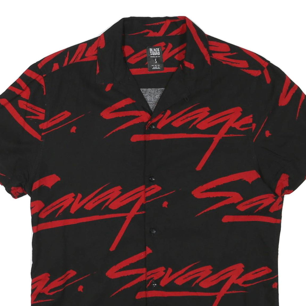 BLACK SQUAD Mens Black & Red Savage Print Shirt S Cotton Button Classic Casual