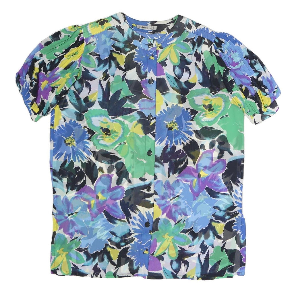 HARDOB Womens Blue Green Floral Printed Top Short Sleeve Round Neck UK 14