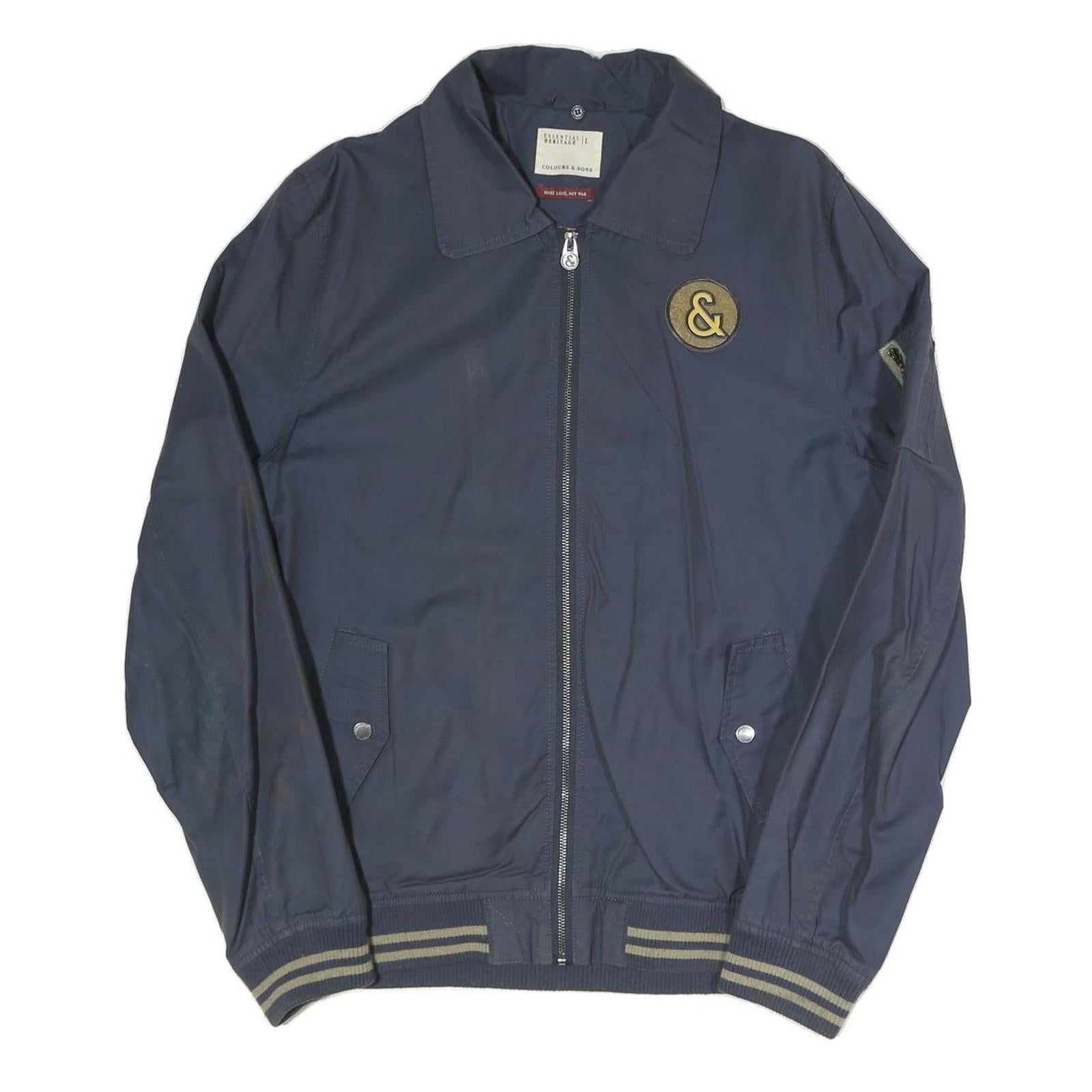 ESSENTIAL HERITAGE Mens Navy Blue Zip Jacket L Polyester Blend Plain Casual