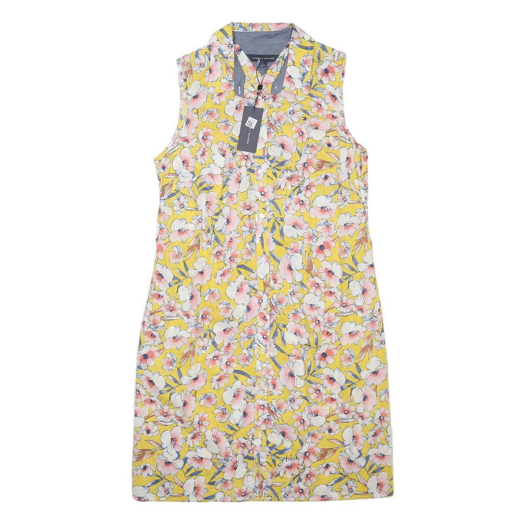 TOMMY HILFIGER Womens Yellow Floral Sleeveless Shirt Dress Cotton S Summer