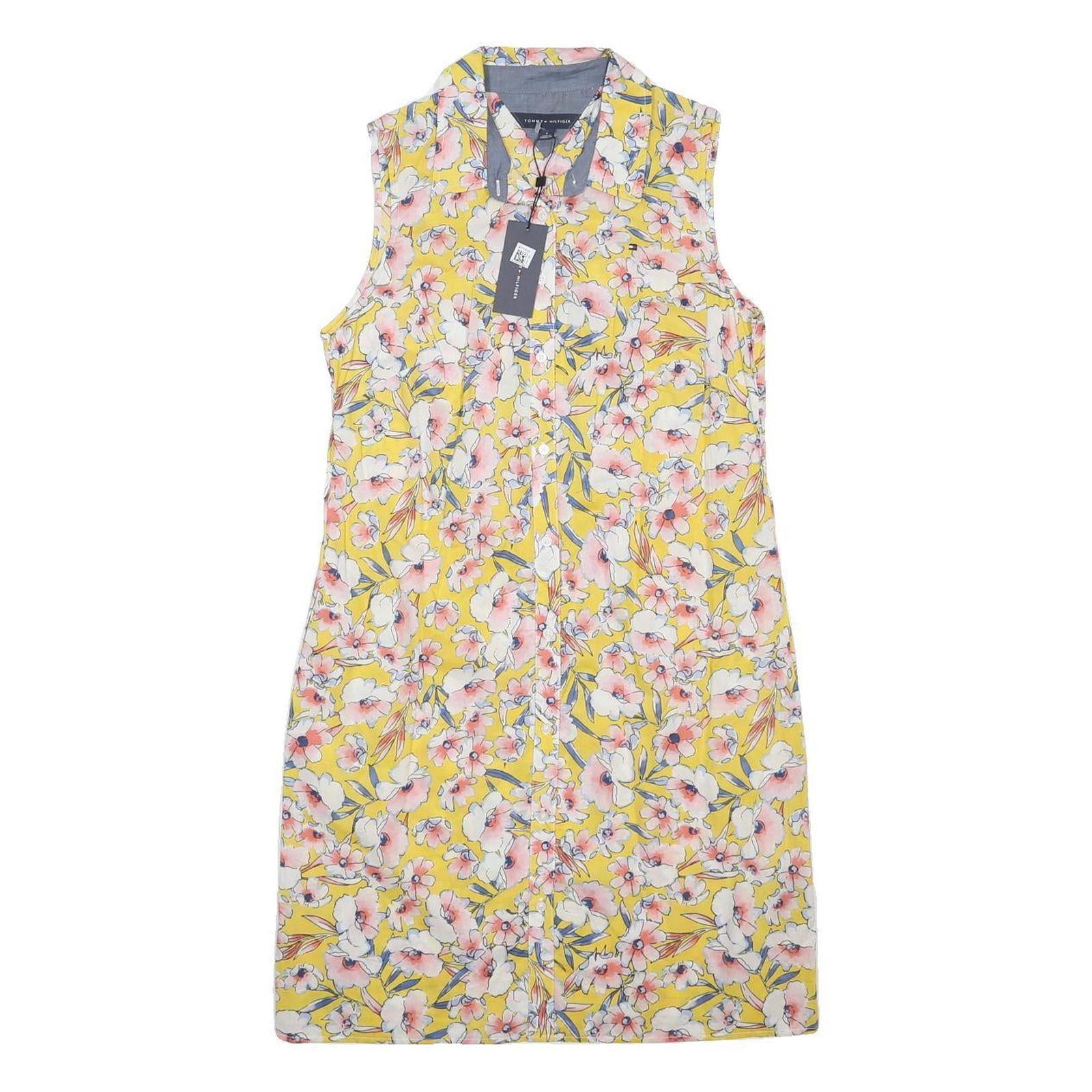 TOMMY HILFIGER Womens Yellow Floral Sleeveless Shirt Dress Cotton S Summer