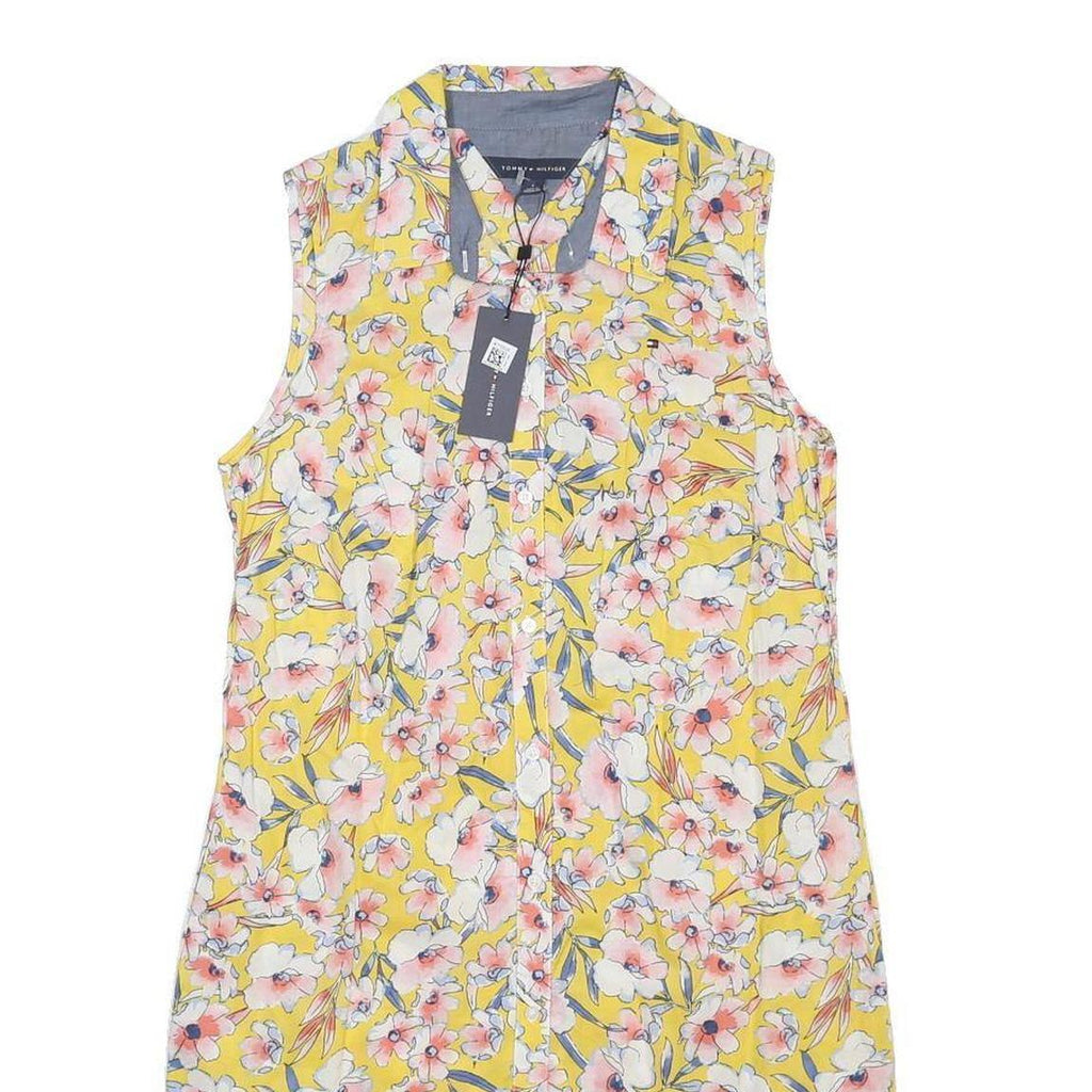 TOMMY HILFIGER Womens Yellow Floral Sleeveless Shirt Dress Cotton S Summer