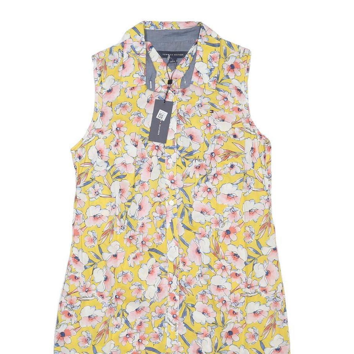 TOMMY HILFIGER Womens Yellow Floral Sleeveless Shirt Dress Cotton S Summer