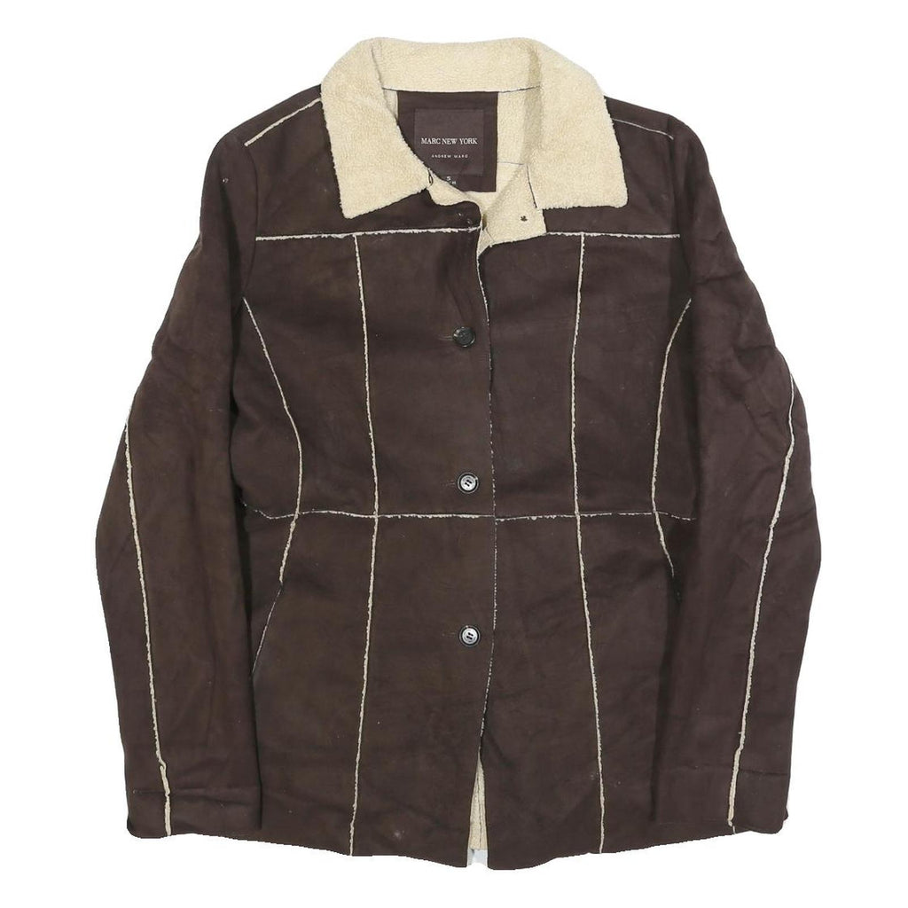 ANDREW MARC Womens Brown & Cream Button Jacket S Polyester Blend Plain Button