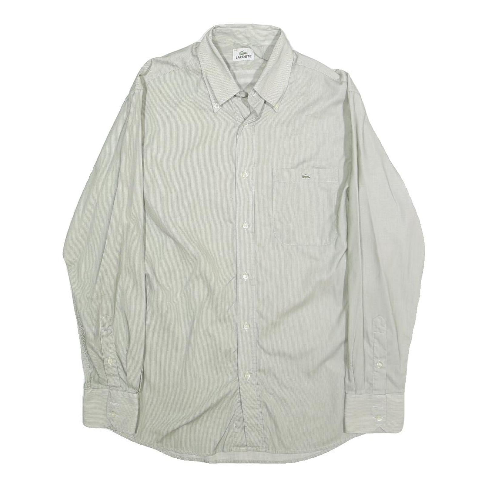 LACOSTE Mens White & Grey Shirt M Cotton Button-Down Collar Long Sleeve Classic