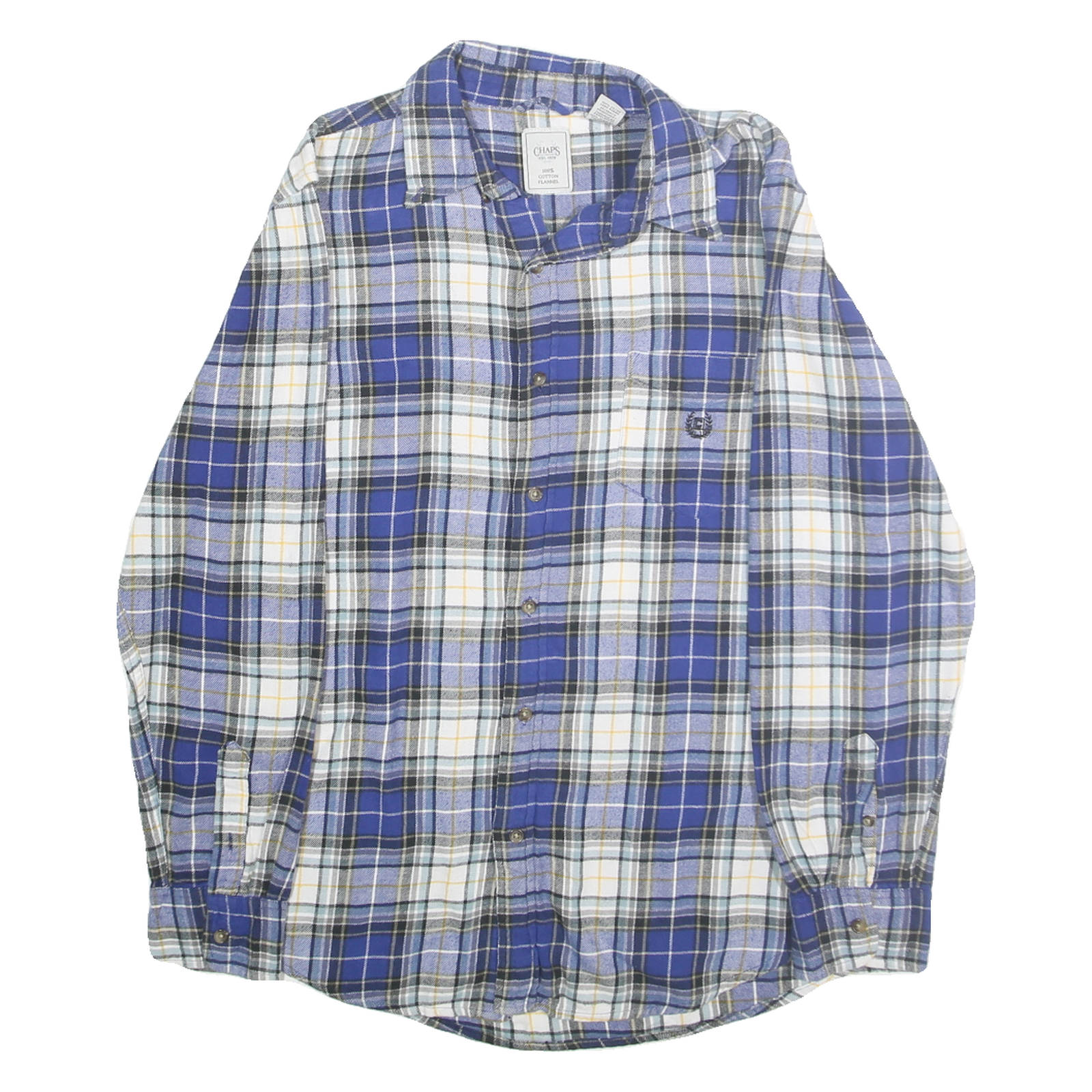 CHAPS Mens Blue & White Plaid Cotton Flannel Shirt M Casual Stylish Button-Down