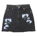 TOPSHOP Womens Black Denim Mini Skirt UK 6 Floral Embroidered Casual Fashion
