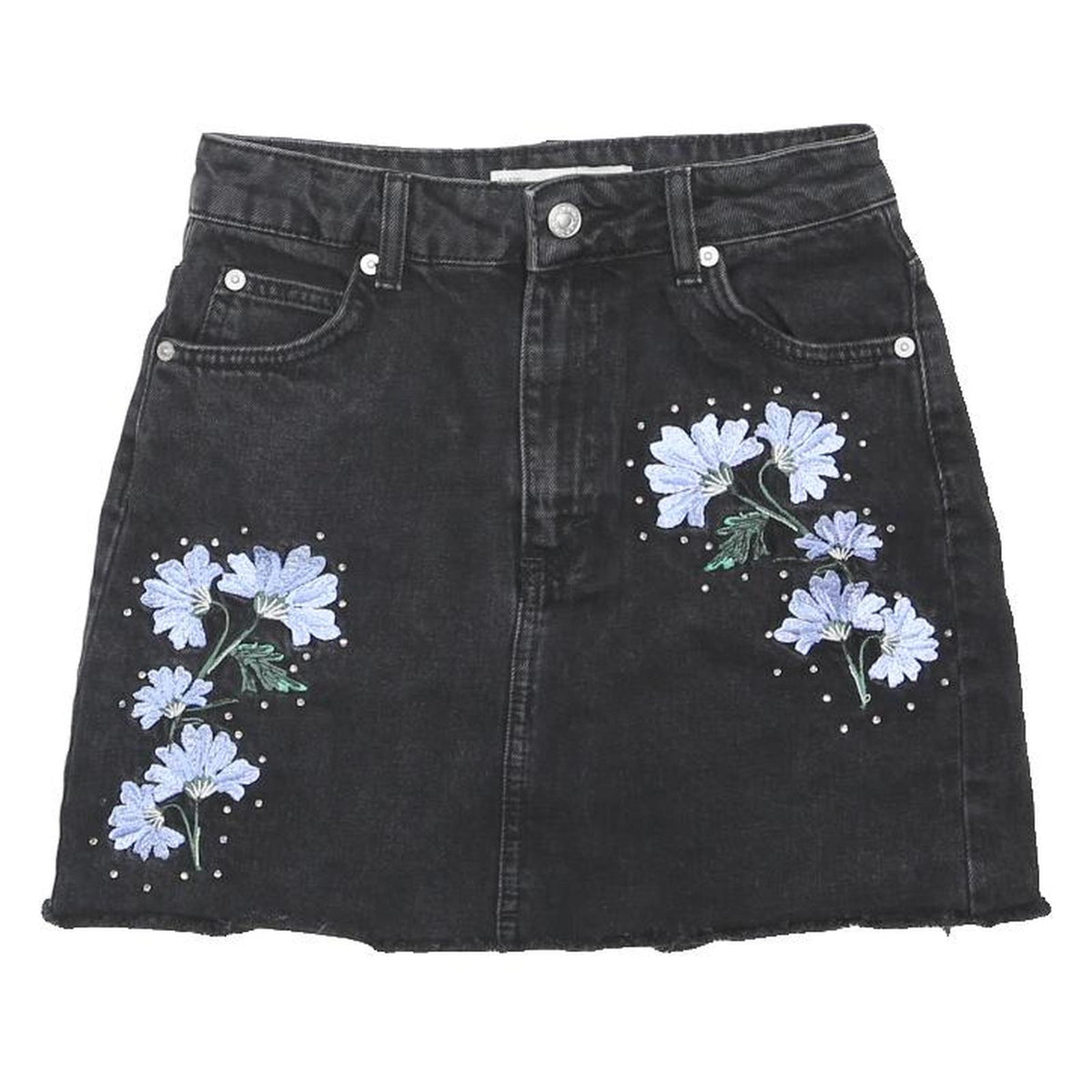 TOPSHOP Womens Black Denim Mini Skirt UK 6 Floral Embroidered Casual Fashion