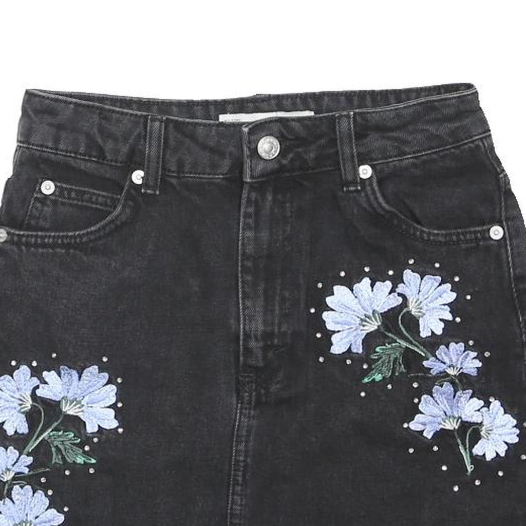 TOPSHOP Womens Black Denim Mini Skirt UK 6 Floral Embroidered Casual Fashion
