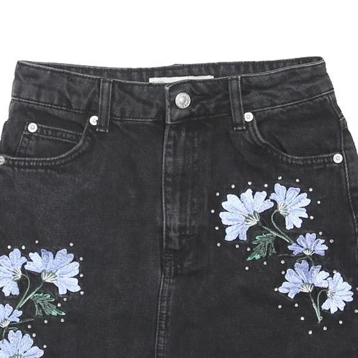 TOPSHOP Womens Black Denim Mini Skirt UK 6 Floral Embroidered Casual Fashion