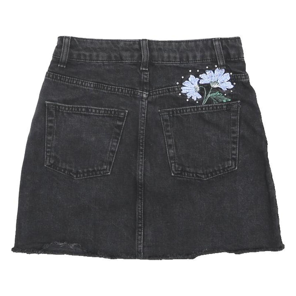 TOPSHOP Womens Black Denim Mini Skirt UK 6 Floral Embroidered Casual Fashion