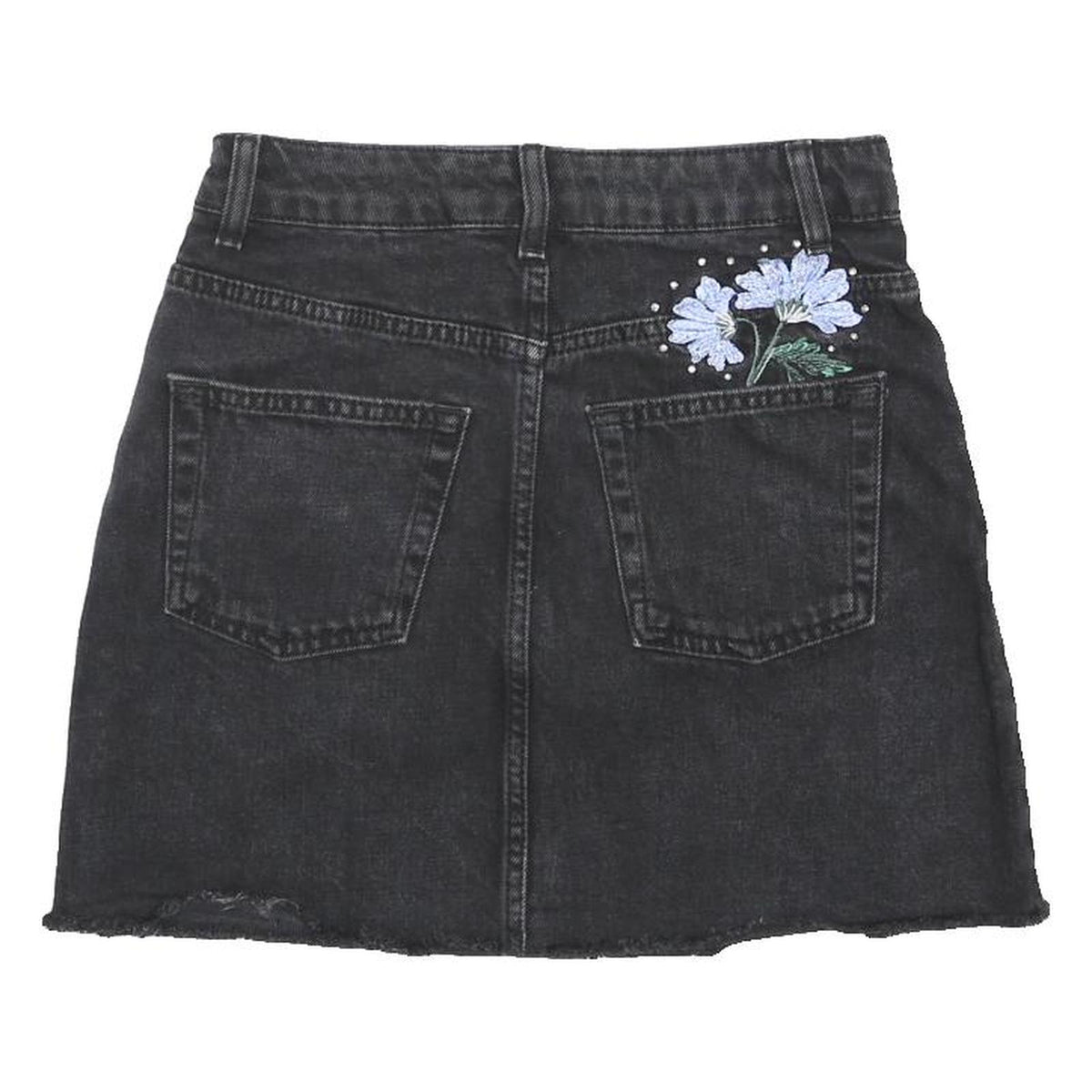 TOPSHOP Womens Black Denim Mini Skirt UK 6 Floral Embroidered Casual Fashion