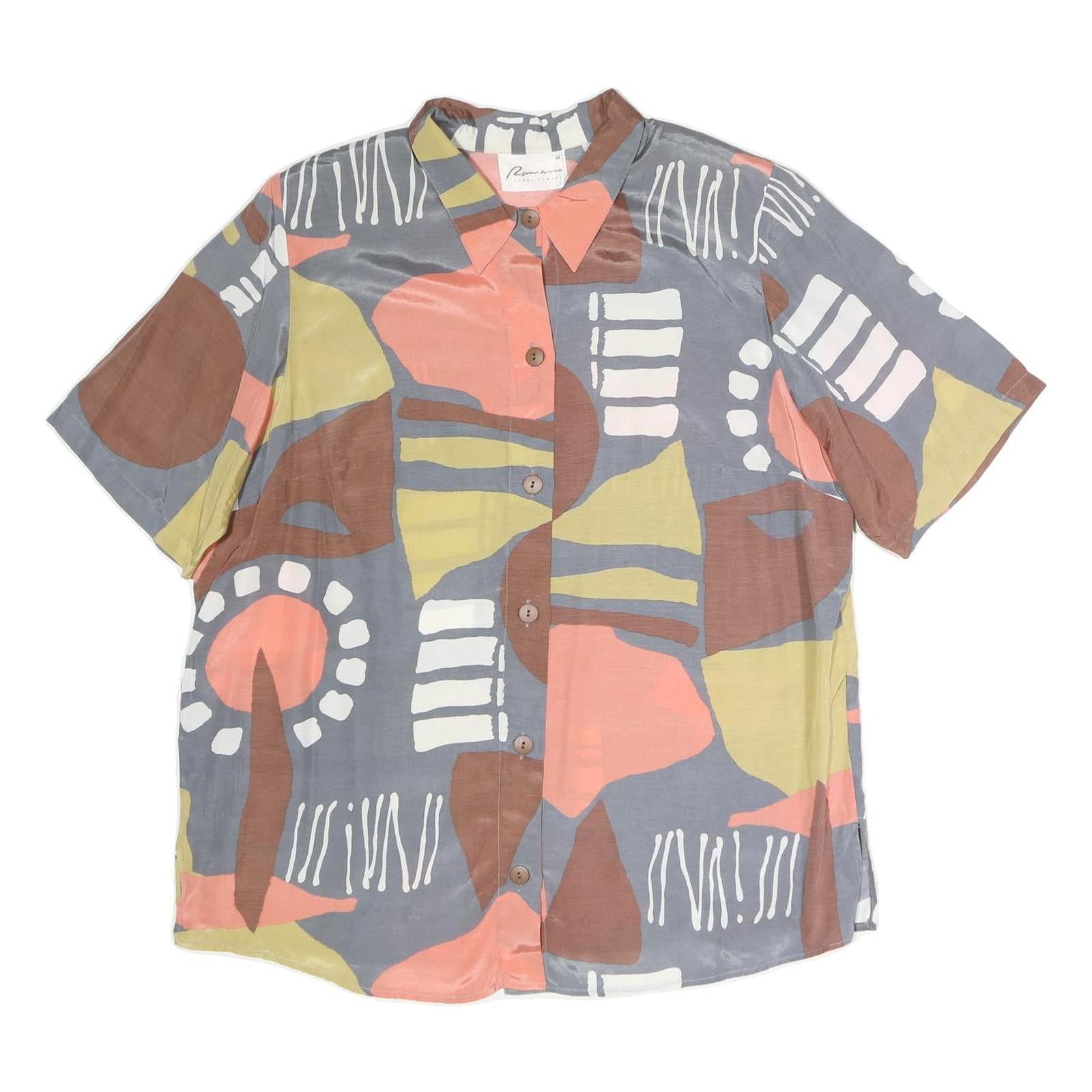 RAMANNA Womens Grey Brown & Pink Abstract Print Basic Shirt Short Sleeve Collar