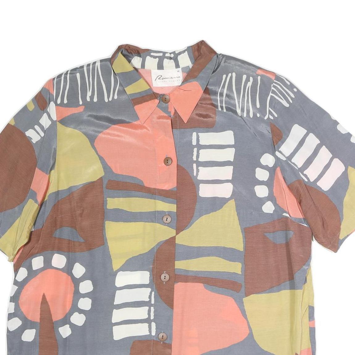 RAMANNA Womens Grey Brown & Pink Abstract Print Basic Shirt Short Sleeve Collar