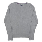 TOMMY HILFIGER Girls Grey Plain Cotton Jumper V-Neck Cable Knit L Lightweight