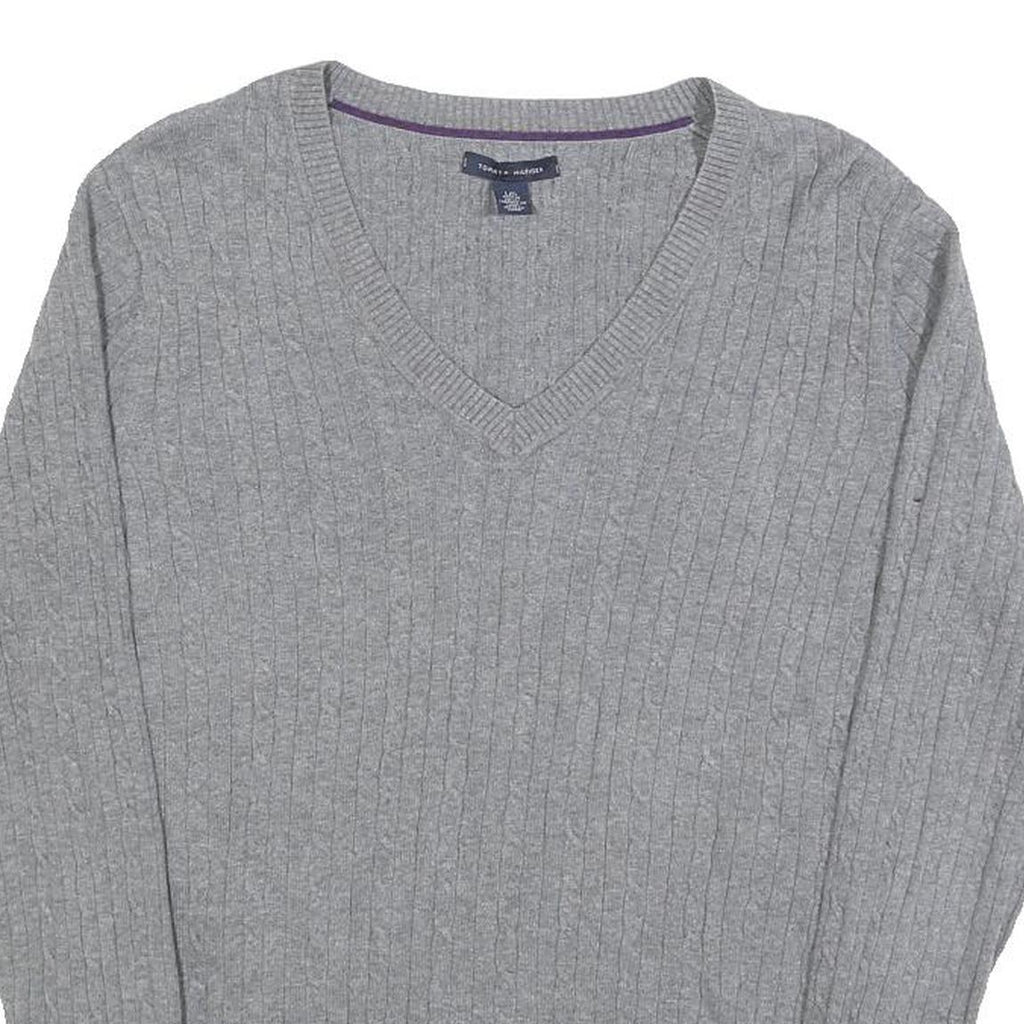 TOMMY HILFIGER Girls Grey Plain Cotton Jumper V-Neck Cable Knit L Lightweight