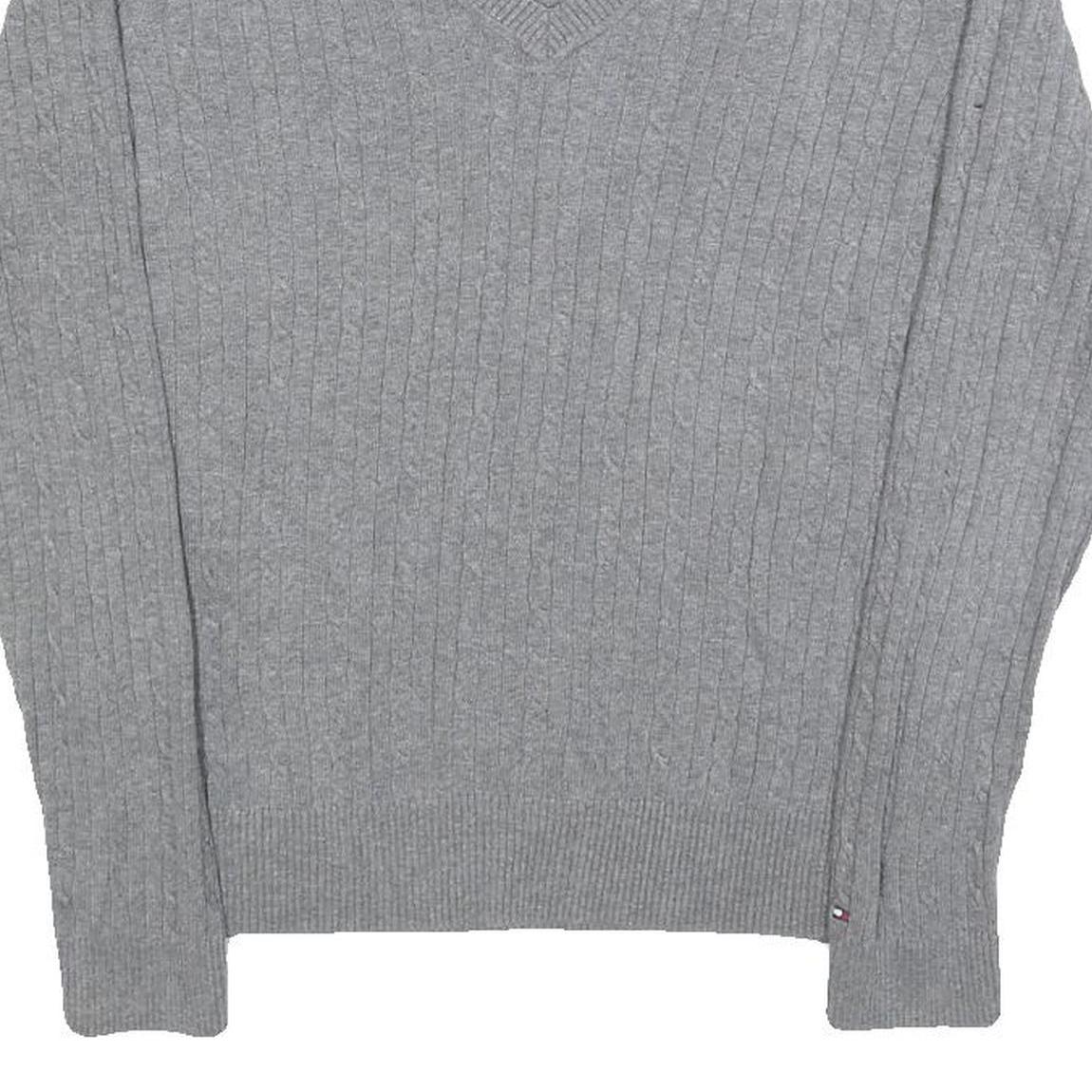 TOMMY HILFIGER Girls Grey Plain Cotton Jumper V-Neck Cable Knit L Lightweight