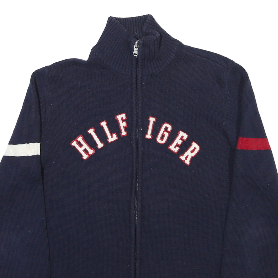 TOMMY HILFIGER Womens Navy Blue Patterned Zip-Up Cable Knit L Jumper Cotton