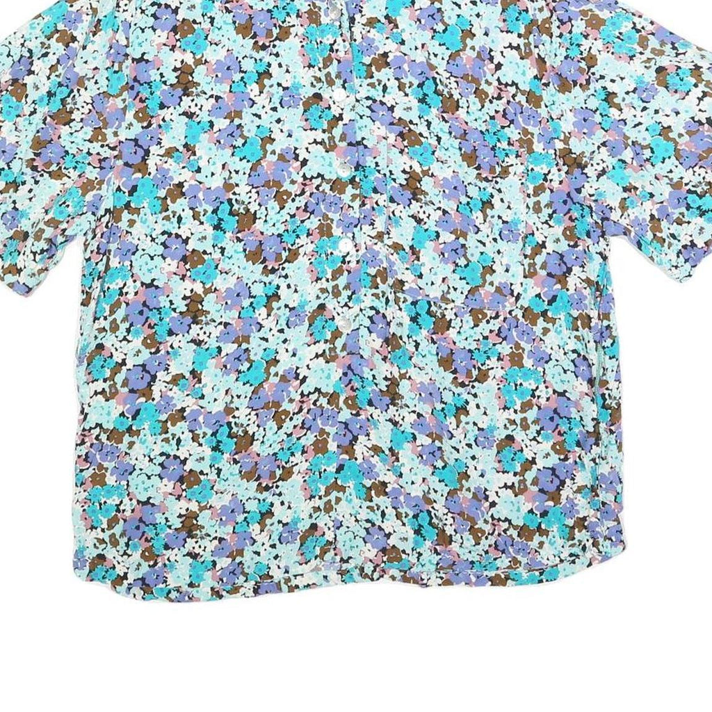 ZARA Womens Blue Brown Floral Printed Basic Short Sleeve Shirt L Light Top