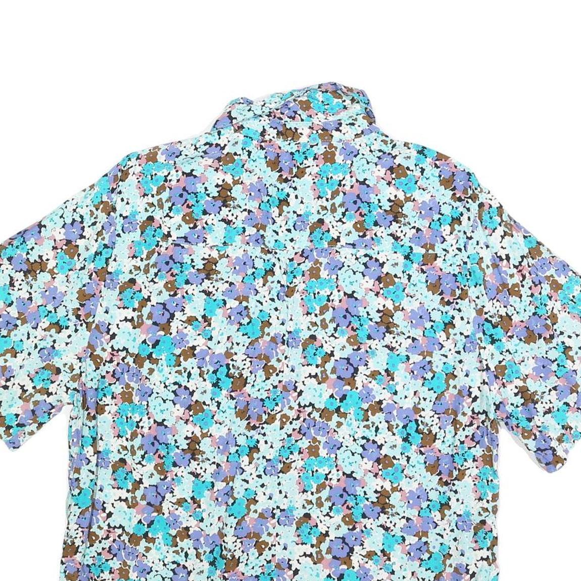 ZARA Womens Blue Brown Floral Printed Basic Short Sleeve Shirt L Light Top