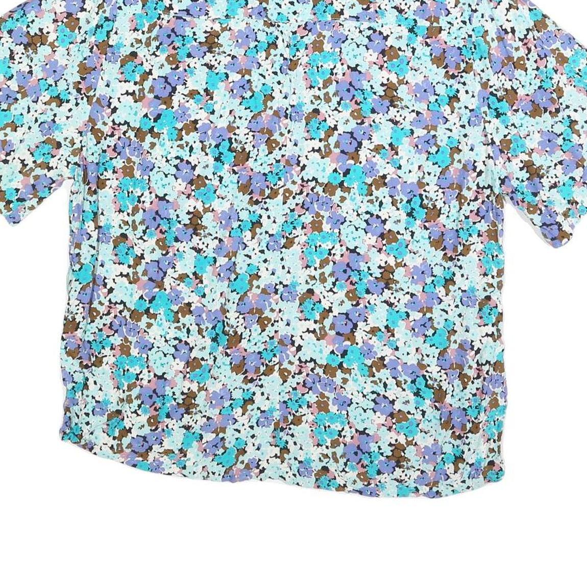 ZARA Womens Blue Brown Floral Printed Basic Short Sleeve Shirt L Light Top