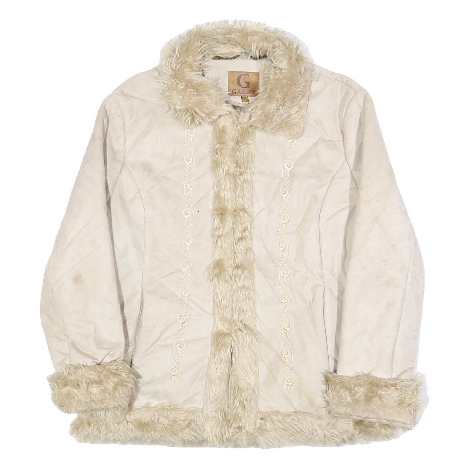 GAZOZ Womens Cream Beige Faux Fur Trim Button Jacket XL Polyester Winter