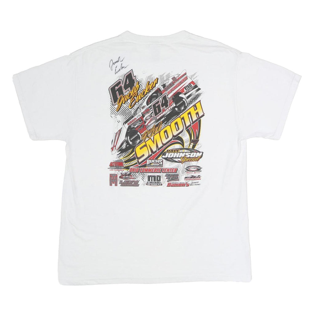 JERZEES Mens White Jacob Eucker Signed Graphic Racing T-Shirt L Short Sleeve