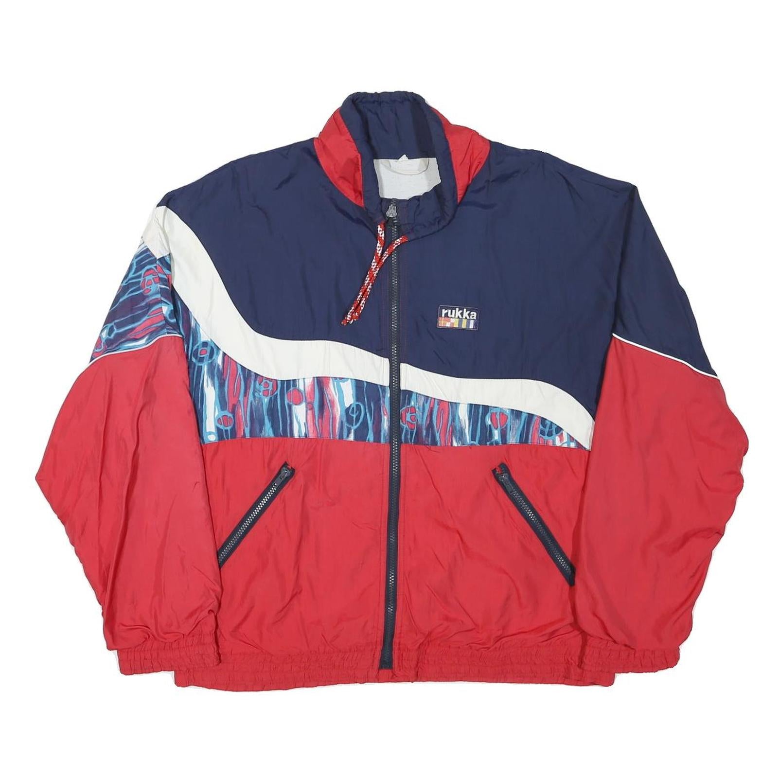 RUKKA Mens Red & Navy Blue Polyester Blend Zip Jacket L Abstract Pattern Casual