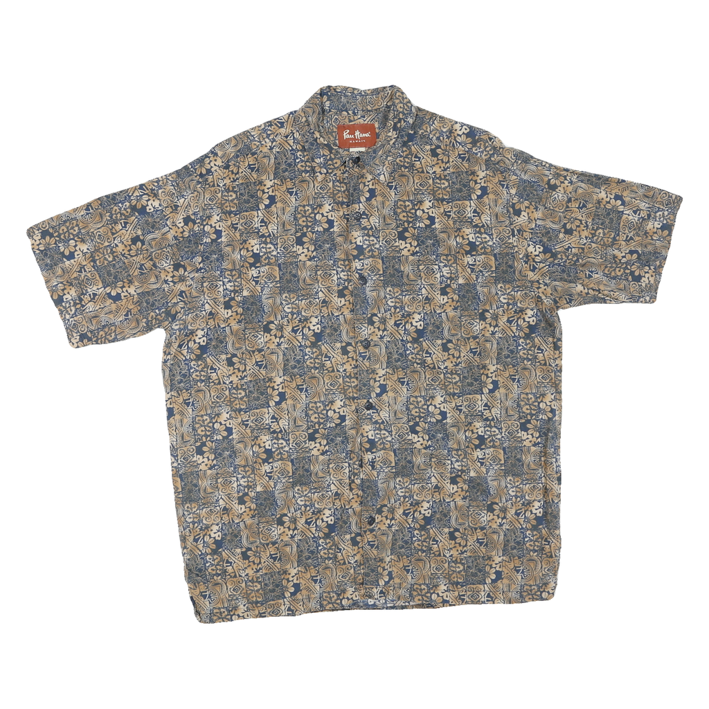 PAU HANA HAWAII Mens Blue & Beige Pattern Shirt M Tropical Cotton Blend Summer