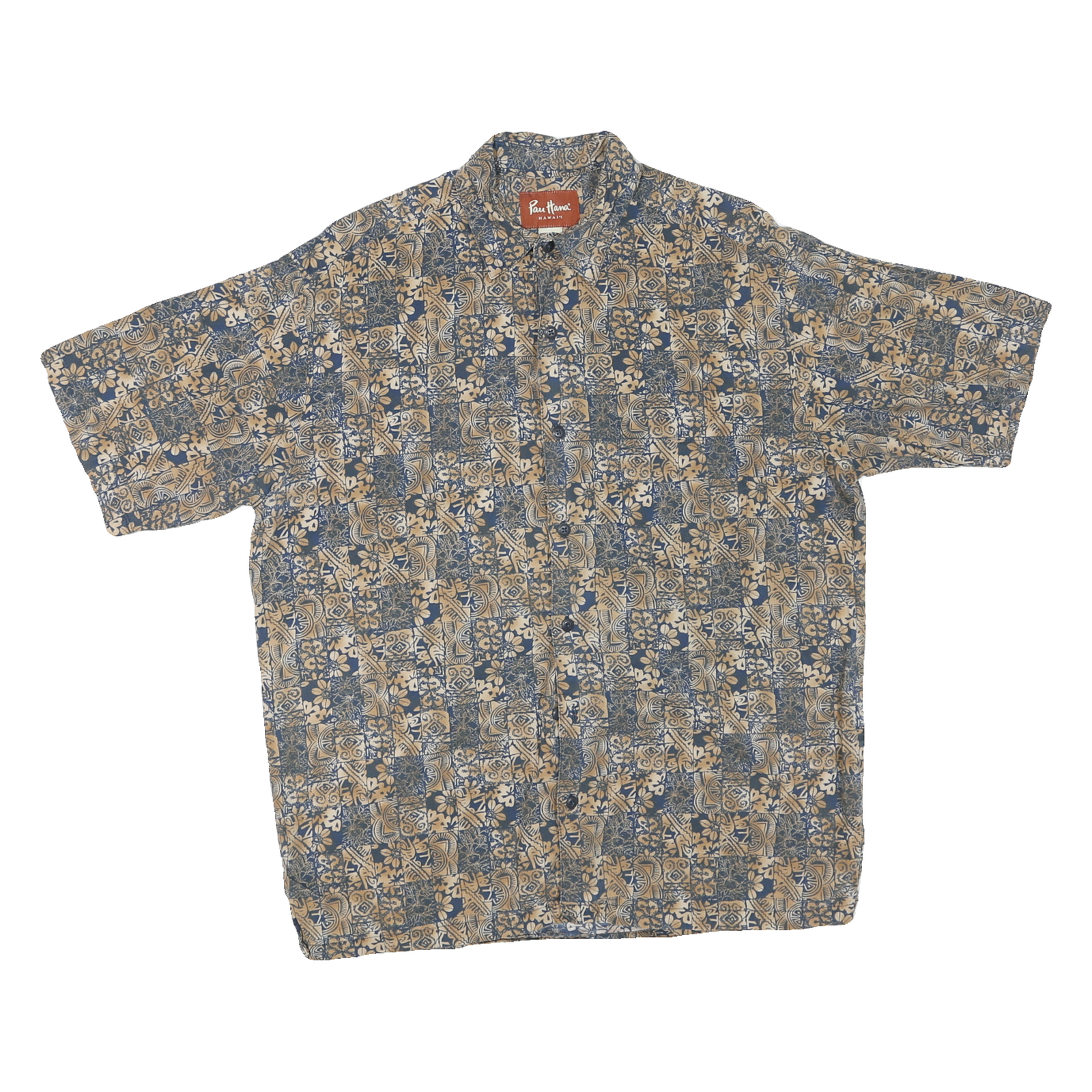 PAU HANA HAWAII Mens Blue & Beige Pattern Shirt M Tropical Cotton Blend Summer