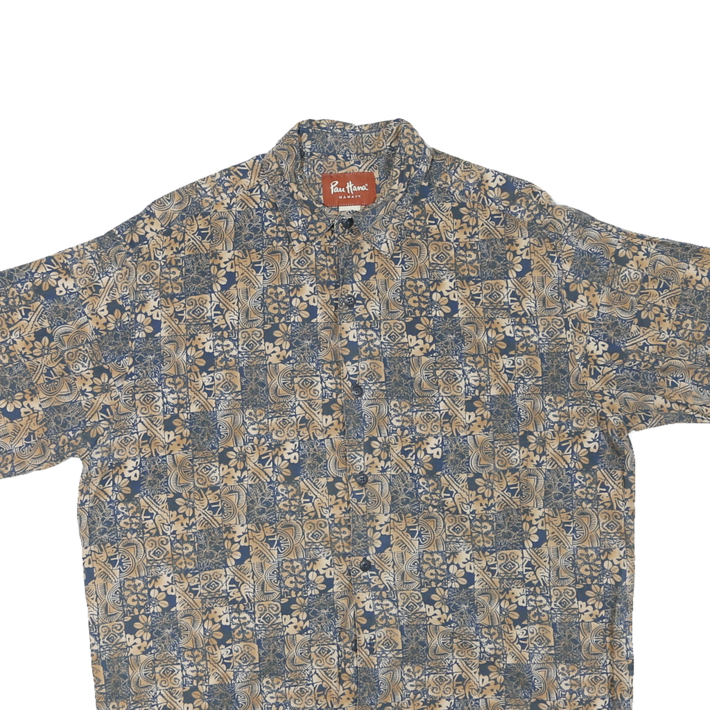 PAU HANA HAWAII Mens Blue & Beige Pattern Shirt M Tropical Cotton Blend Summer