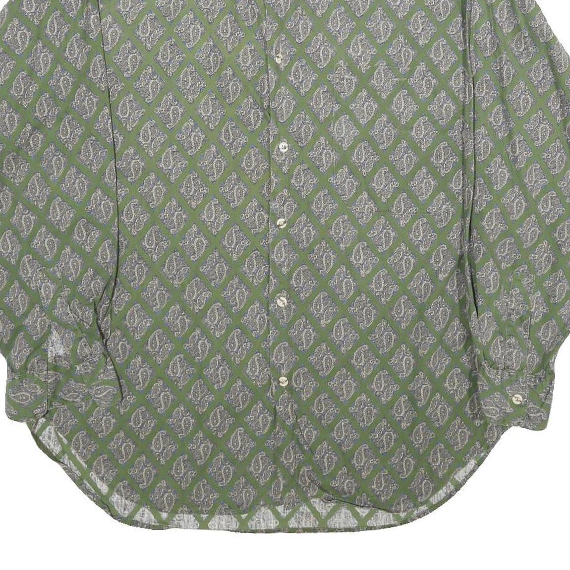 Mens Green Pattern Shirt S Cotton Relaxed Fit Long Sleeve Casual