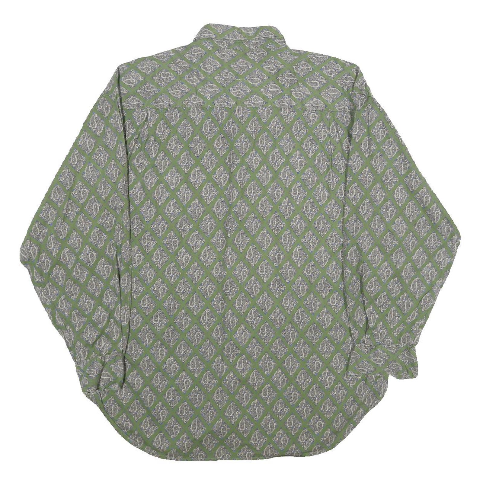 Mens Green Pattern Shirt S Cotton Relaxed Fit Long Sleeve Casual