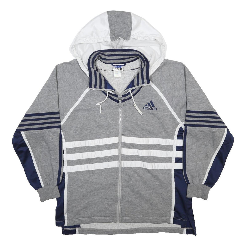 ADIDAS Mens Grey & White Hooded Zip Jacket M Cotton Blend Striped Sportswear