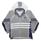 ADIDAS Mens Grey & White Hooded Zip Jacket M Cotton Blend Striped Sportswear