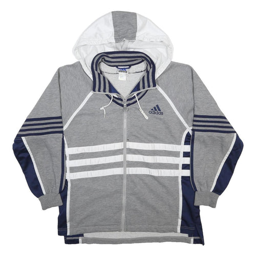 ADIDAS Mens Grey & White Hooded Zip Jacket M Cotton Blend Striped Sportswear