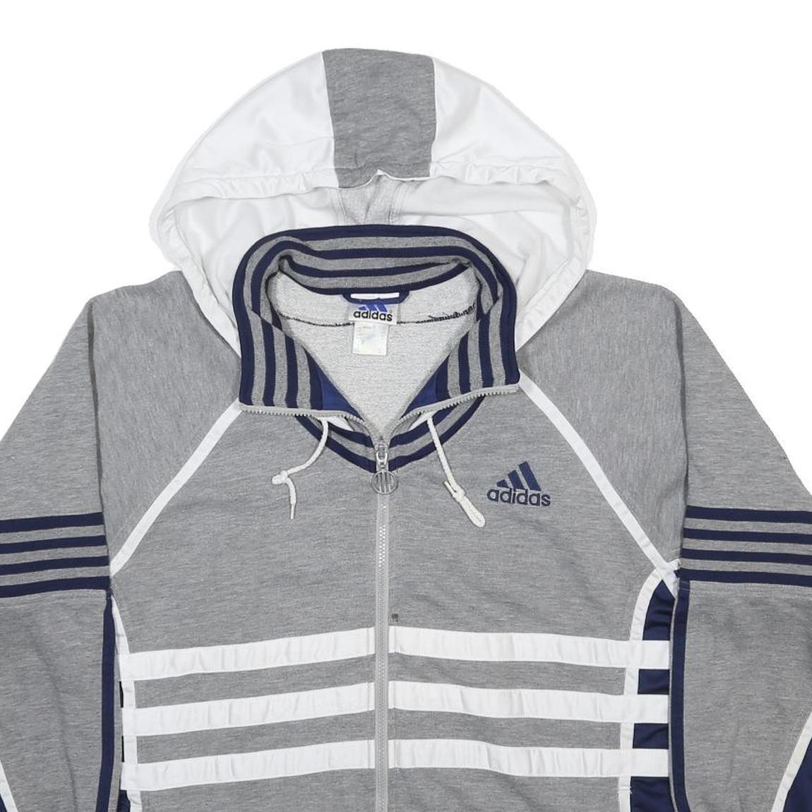 ADIDAS Mens Grey & White Hooded Zip Jacket M Cotton Blend Striped Sportswear