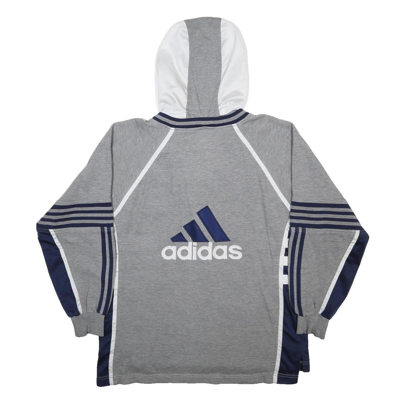 ADIDAS Mens Grey & White Hooded Zip Jacket M Cotton Blend Striped Sportswear
