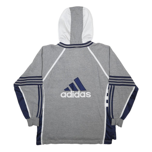 ADIDAS Mens Grey & White Hooded Zip Jacket M Cotton Blend Striped Sportswear