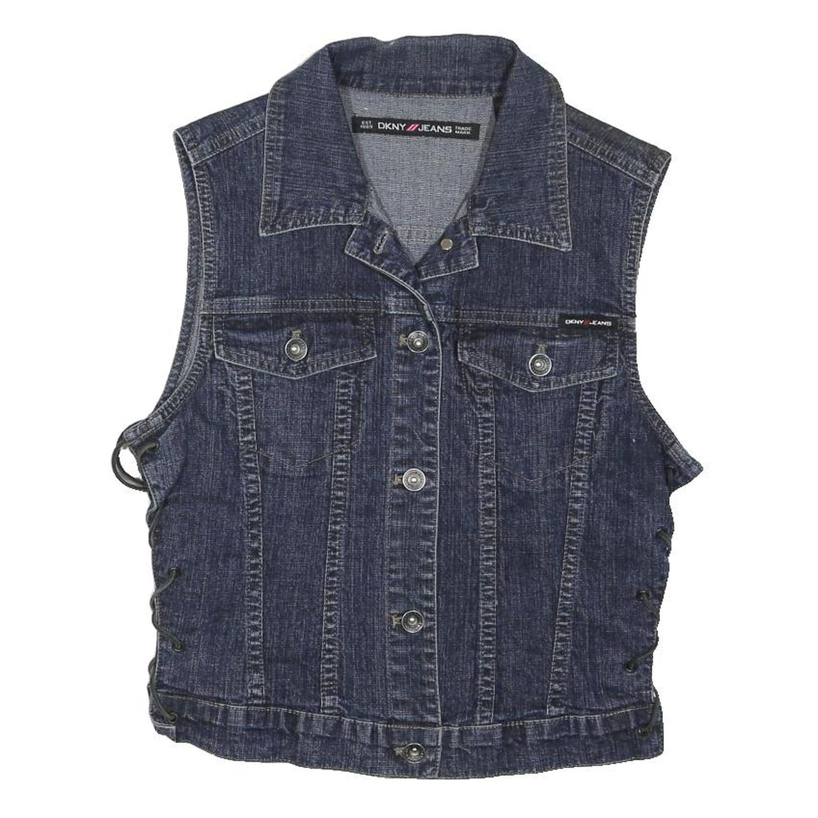 DKNY Womens Blue Denim Button Cotton Blend Sleeveless Vest Jacket M