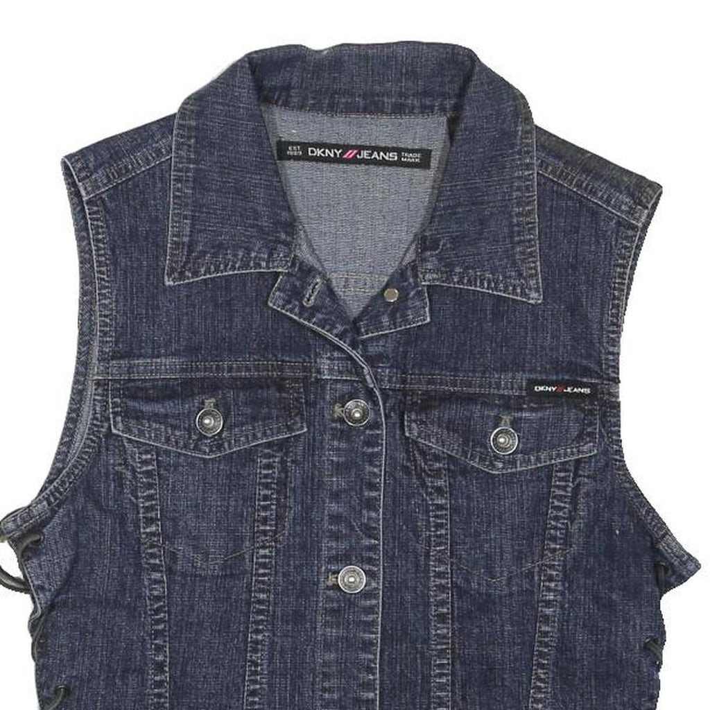 DKNY Womens Blue Denim Button Cotton Blend Sleeveless Vest Jacket M
