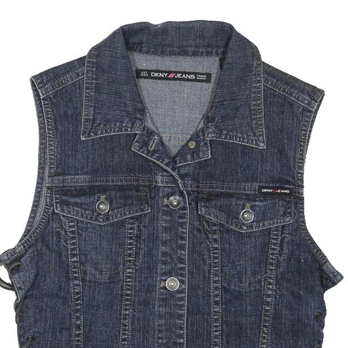 DKNY Womens Blue Denim Button Cotton Blend Sleeveless Vest Jacket M