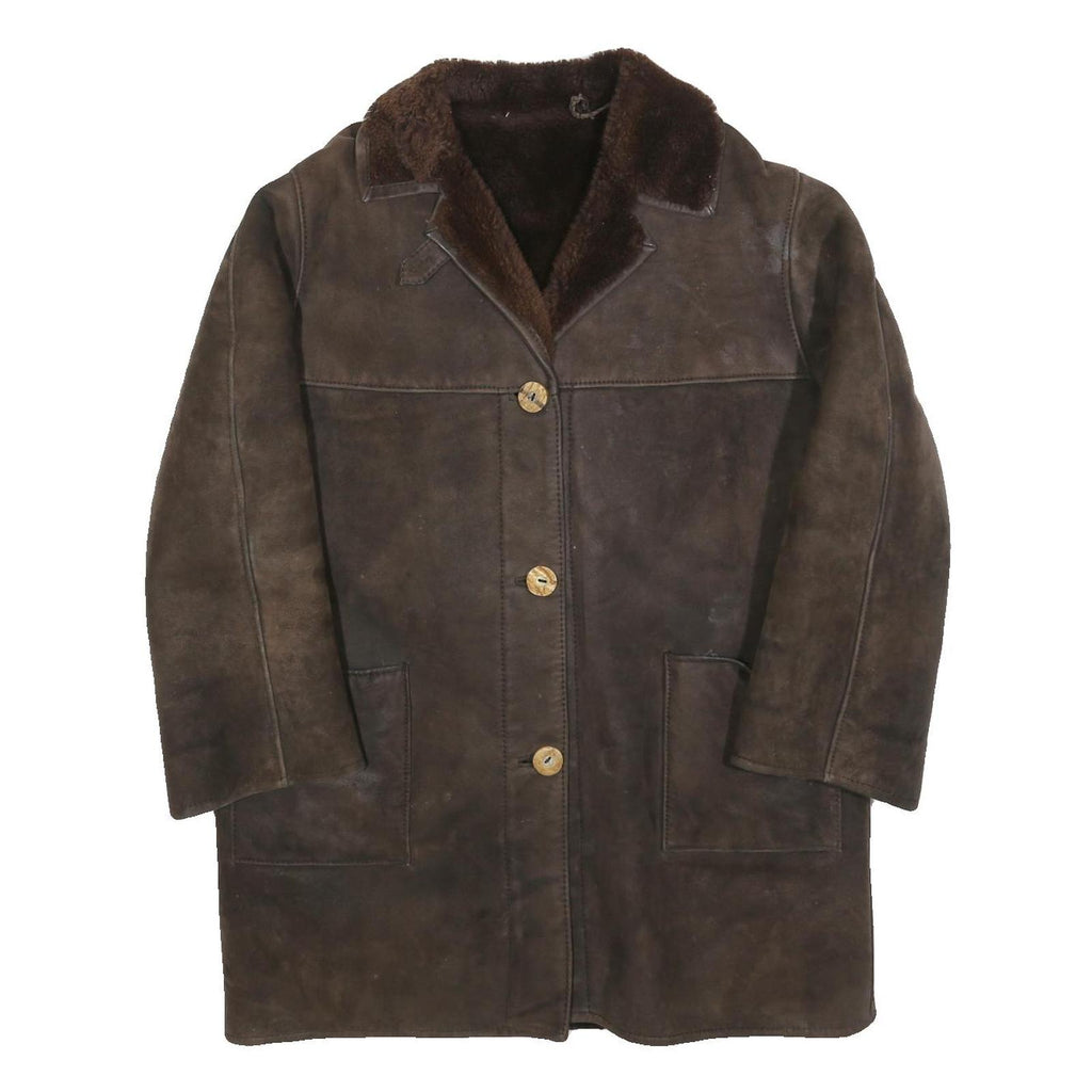 Womens Brown Leather Jacket L Wool Collar Button Closure Classic Outerwear