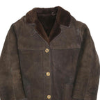 Womens Brown Leather Jacket L Wool Collar Button Closure Classic Outerwear