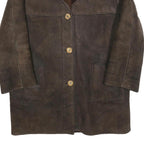 Womens Brown Leather Jacket L Wool Collar Button Closure Classic Outerwear