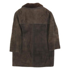 Womens Brown Leather Jacket L Wool Collar Button Closure Classic Outerwear