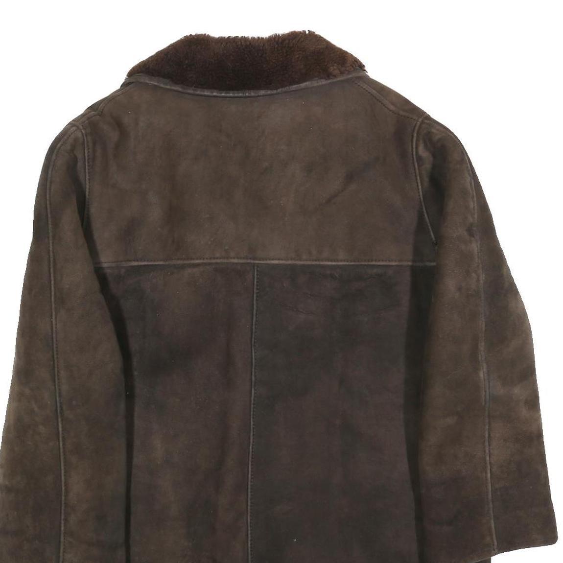 Womens Brown Leather Jacket L Wool Collar Button Closure Classic Outerwear